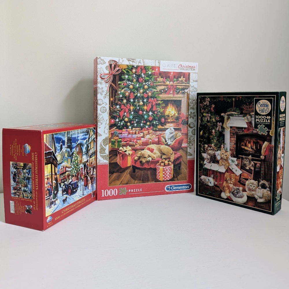 BUNDLE 3 Christmas Holiday Jigsaw Puzzle 1000 PC Fireside Dog Cat London Streets - Picture 2 of 15